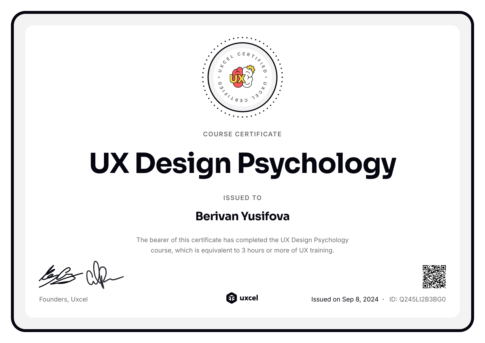 Berivan Yusifova's certificate
